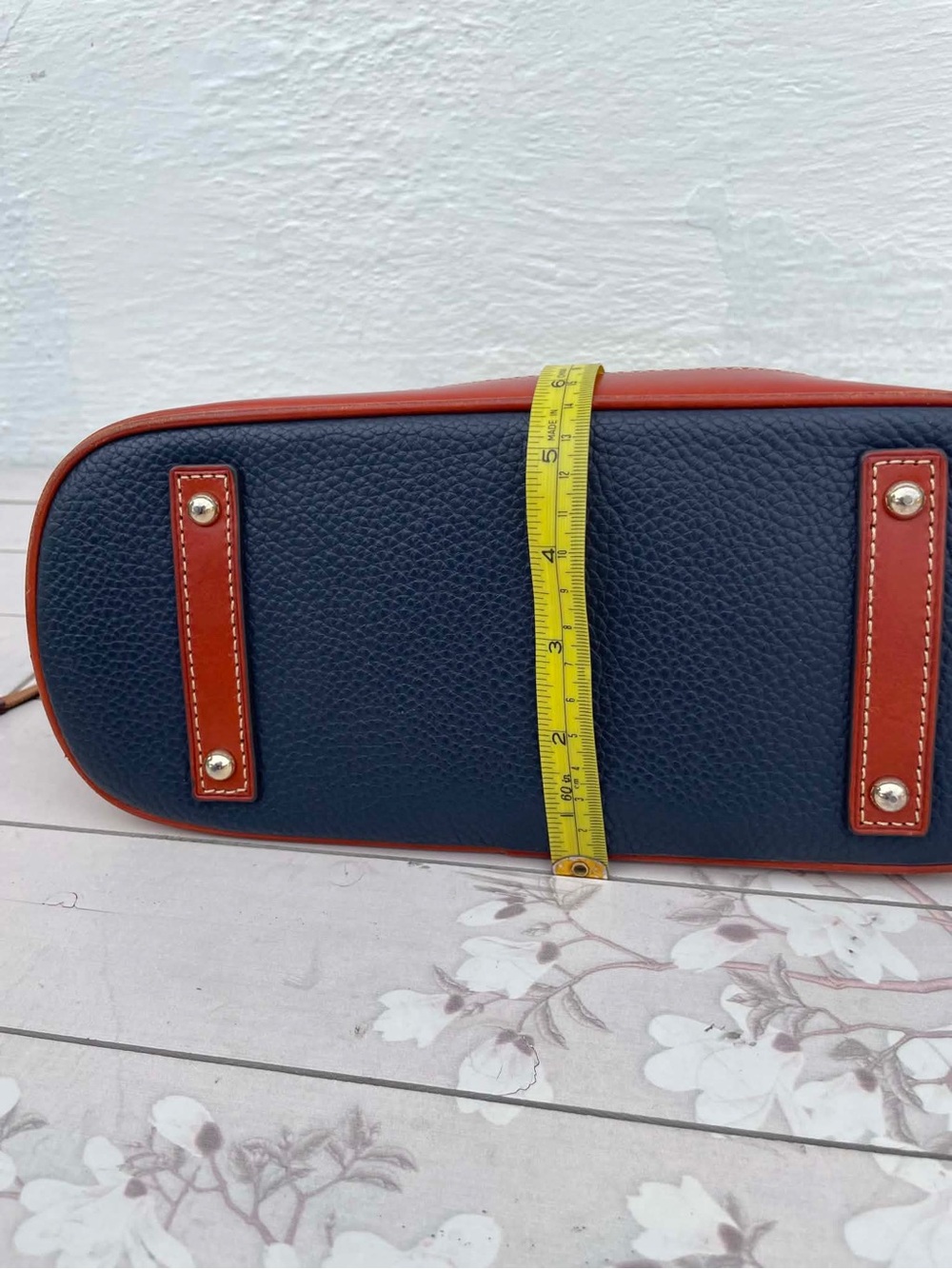 Dooney & Bourke Navy Pebble Leather Satchel with Brown Trim and Strap - Picture 13 of 14